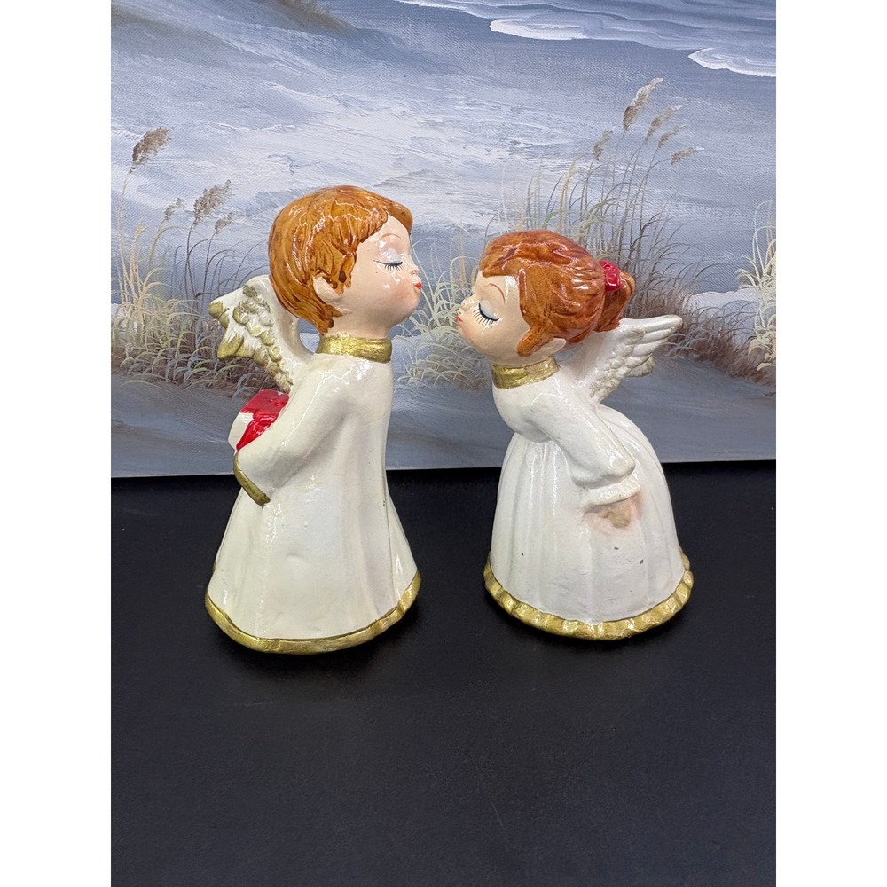 Vintage Kissing Angels Ceramic Figurines Boy Girl Gold Trim Made in Taiwan 7.5"